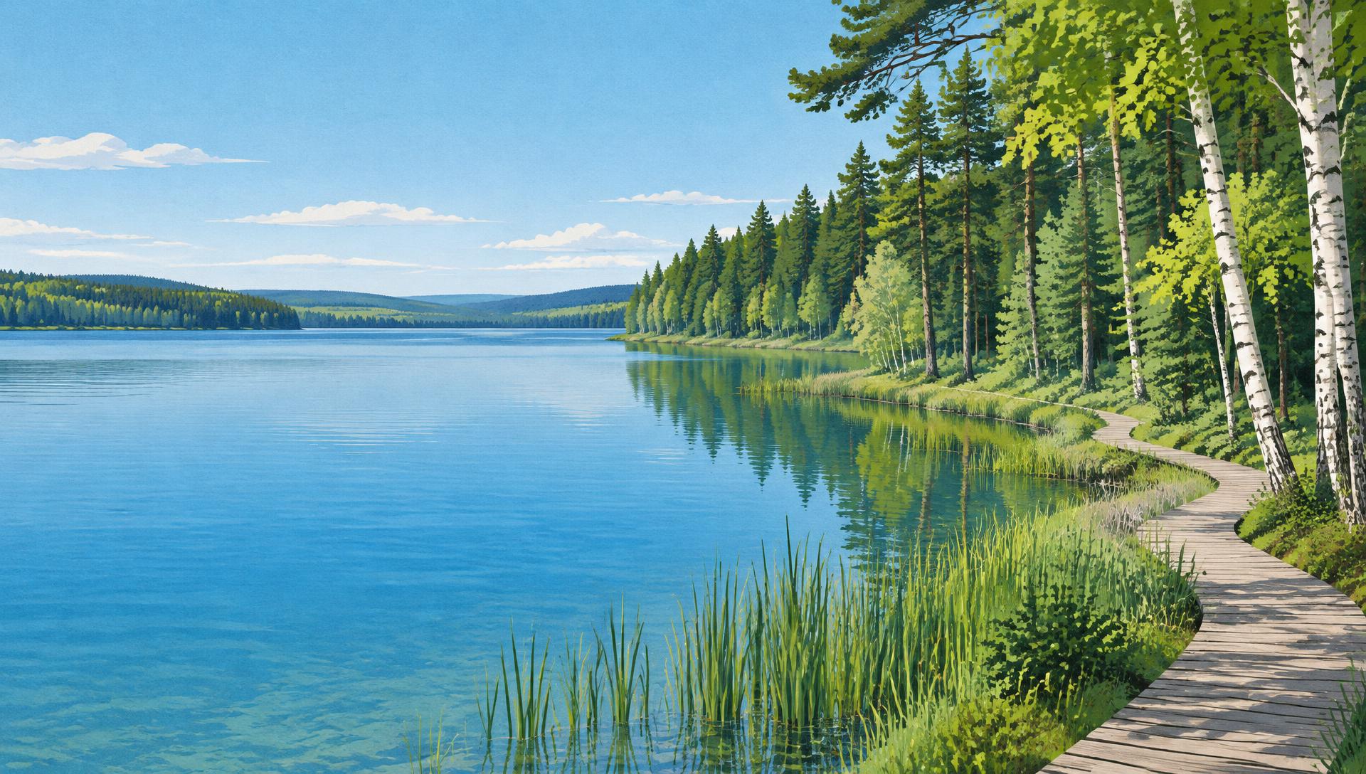 Original illustration of a blue lake surrounded by pine and birch forest